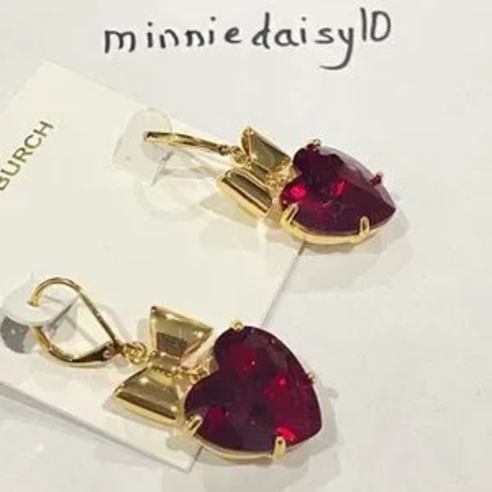 ♥️♥️TORY BURCH Heart & Bow Red Crystal Gold Tone Earrings